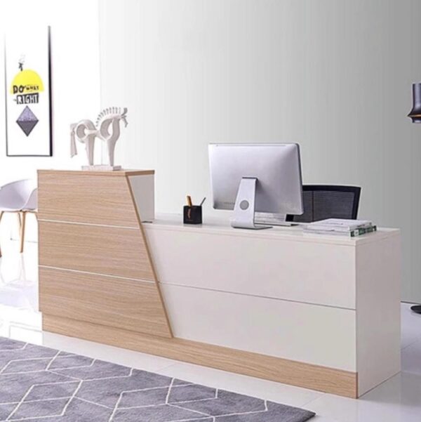 Luxury Melamine Supermarket Counter – Wood & White with Nickel Lines