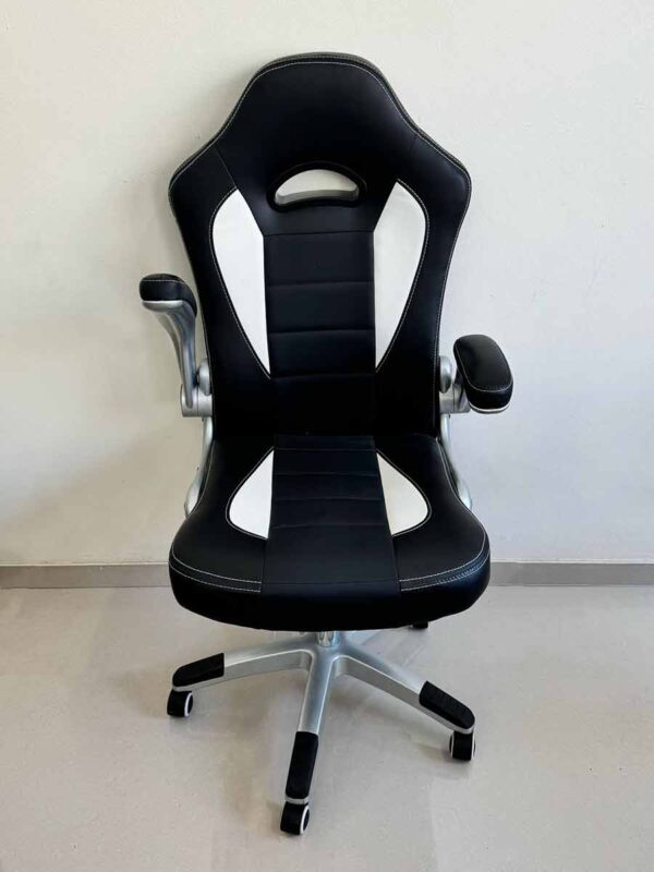 Gaming Chair – Black & White Leather with Adjustable Armrests