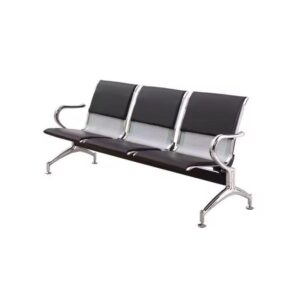 Three-seater steel waiting bench with black leather upholstery and metal armrests
